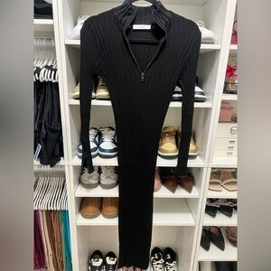 Zara Black Ribbed Long-Sleeve Zip-Front Midi Dress